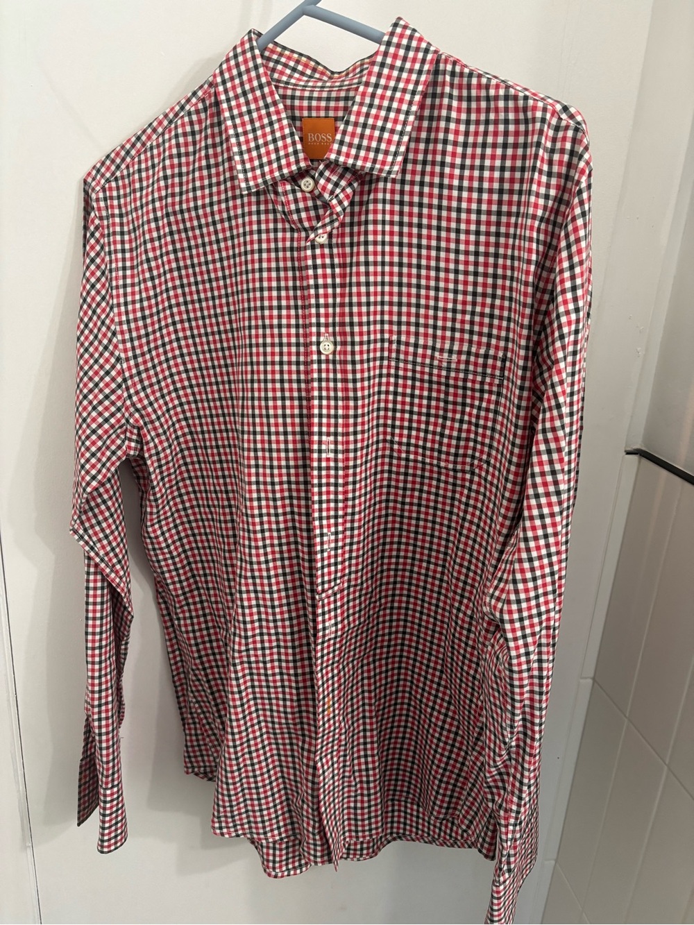 Hugo Boss Red, White & Black Gingham Button-Down Shirt